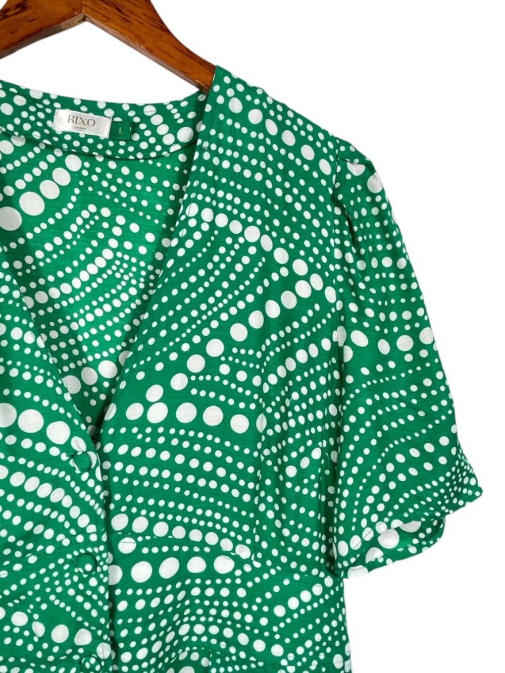 RIXO Laura Green Polka Dot Viscose Crepe Button Front Mini Dress L - Picture 4 of 12